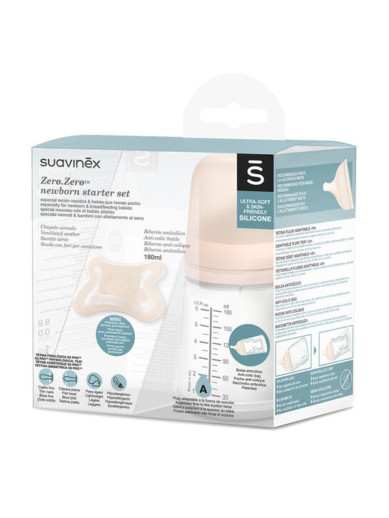 Набор Zero.Zero. Антиколиковая бутылочка с адаптивным потоком 180 мл, силиконовая пустышка -2/2 мес Suavinex , арт.  | Фото 1