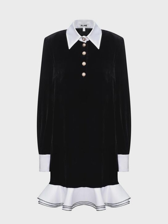 Бархатное платье с белым воротником, черное ALINE , арт.  | Фото 1