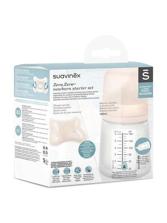 Набор Zero.Zero. Антиколиковая бутылочка с адаптивным потоком 180 мл, силиконовая пустышка -2/2 мес Suavinex , арт.  | Фото 2