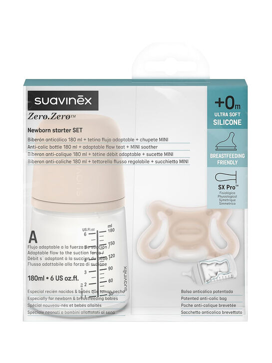 Набор Zero.Zero. Антиколиковая бутылочка с адаптивным потоком 180 мл, силиконовая пустышка -2/2 мес Suavinex , арт.  | Фото 1