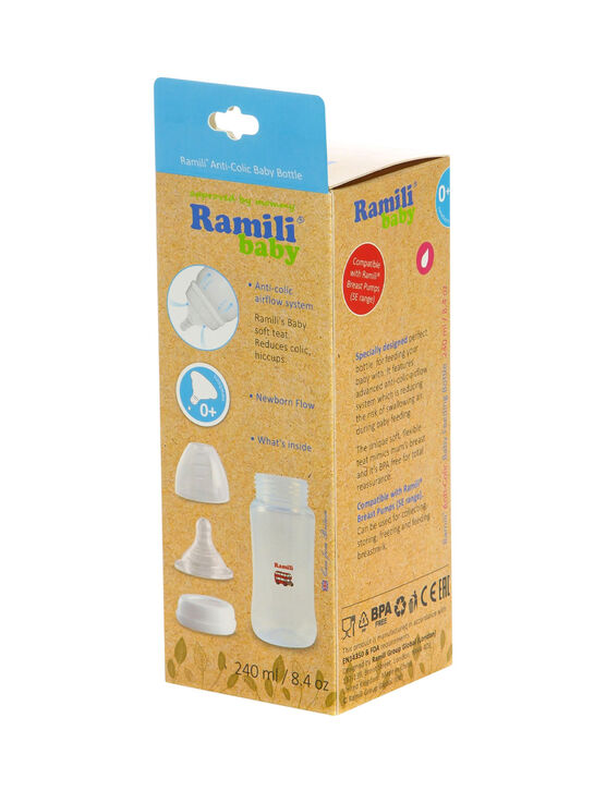 Противоколиковая бутылочка для кормления Ramili Baby 240 мл. с тремя сосками 0+, 3+ и 6+ (240MLBT100ML, слабый, средний и быстрый поток)  , арт.  | Фото 3