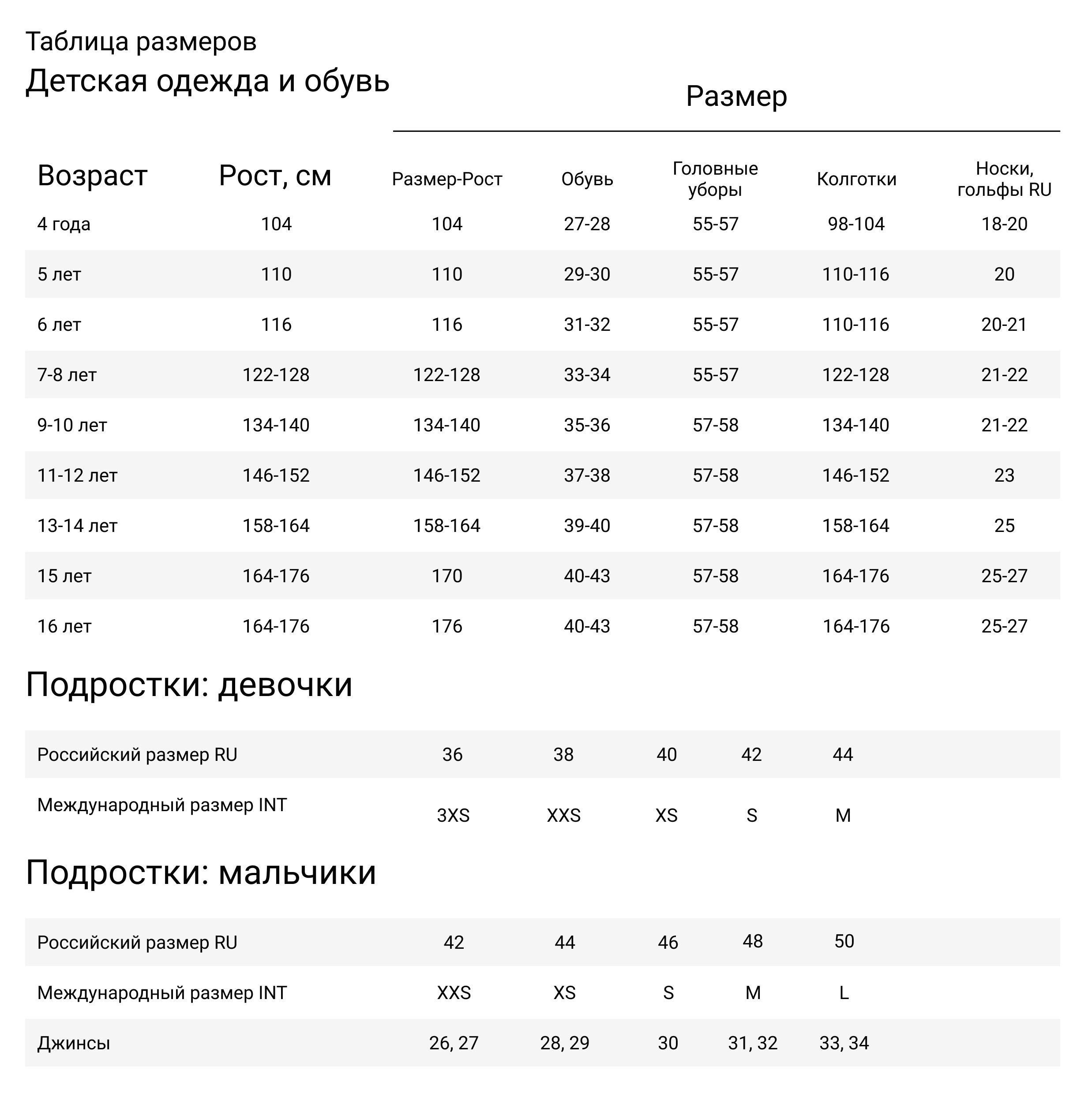 Таблица размеров