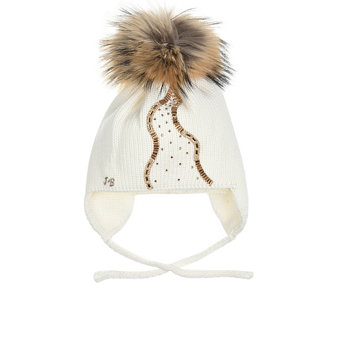 Белая шапка с меховым помпоном, стрзами и вышивкой бисером Joli Bebe Белый, арт. B5340HD 57 | Фото 1