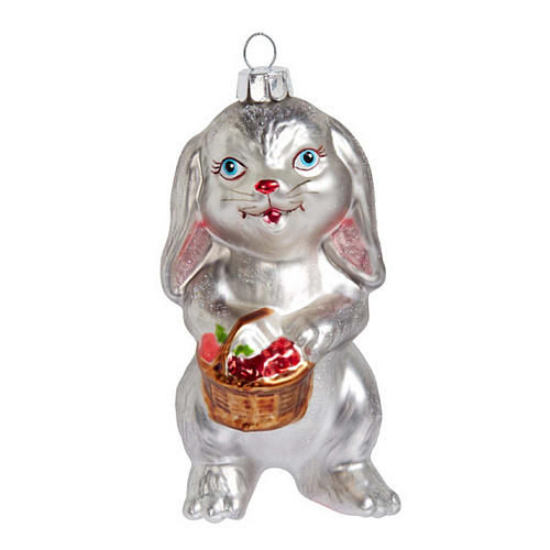 Подвеска Кролик серебристый с корзинкой с ягодами (стекло) 5,7х5х10 см Holiday Classics , арт. GLT802 | Фото 1