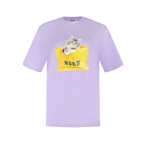 Сиреневая футболка с принтом &quot;котенок в пакете&quot; MSGM Сиреневый, арт. 3241MDM165 227298 70 | Фото 1