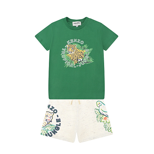 Комплект: зеленая футболка с принтом &quot;тигр&quot; и шорты KENZO Мультиколор, арт. K08041 719 | Фото 1