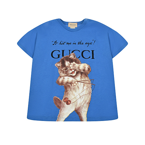 Синяя футболка с принтом &quot;кот&quot; GUCCI Синий, арт. 576871 XJD2E 4575 | Фото 1