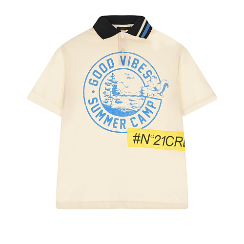 Кремовая футболка-поло с принтом &quot;good vibes summer camp&quot; No. 21 , арт. N21306 N0199 0N104 | Фото 1