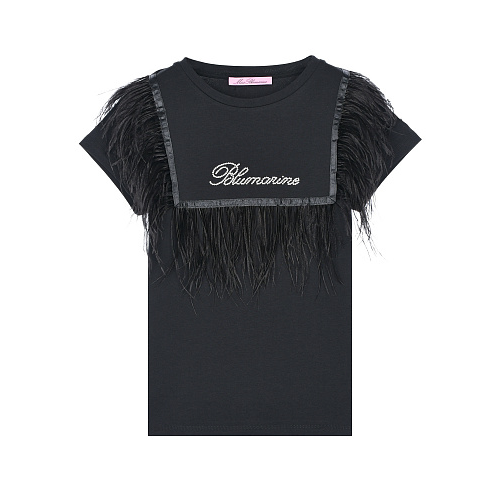 Черная футболка с отделкой перьями Miss Blumarine Черный, арт. IF2078J0088 Z9363 | Фото 1