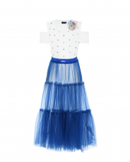 Сине-белое платье с разрезами на плечах