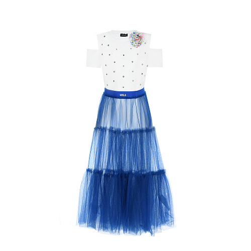 Сине-белое платье с разрезами на плечах Monnalisa Мультиколор, арт. 419907 9201 9954 | Фото 1