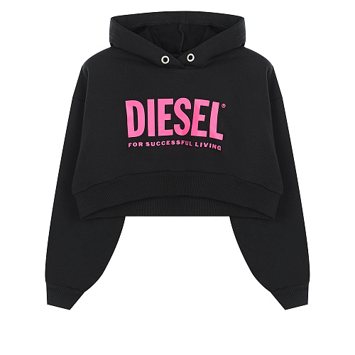 Укороченная черная толстовка-худи с розовым лого Diesel Черный, арт. J00621 0IAJH K900 | Фото 1