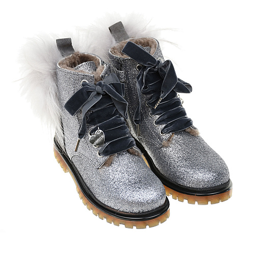 Серебристые ботинки на шнуровке Monnalisa Серебряный, арт. 8C4012M 4705 G032 | Фото 1