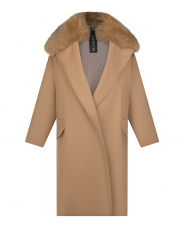 Бежевое пальто с воротником из меха лисы